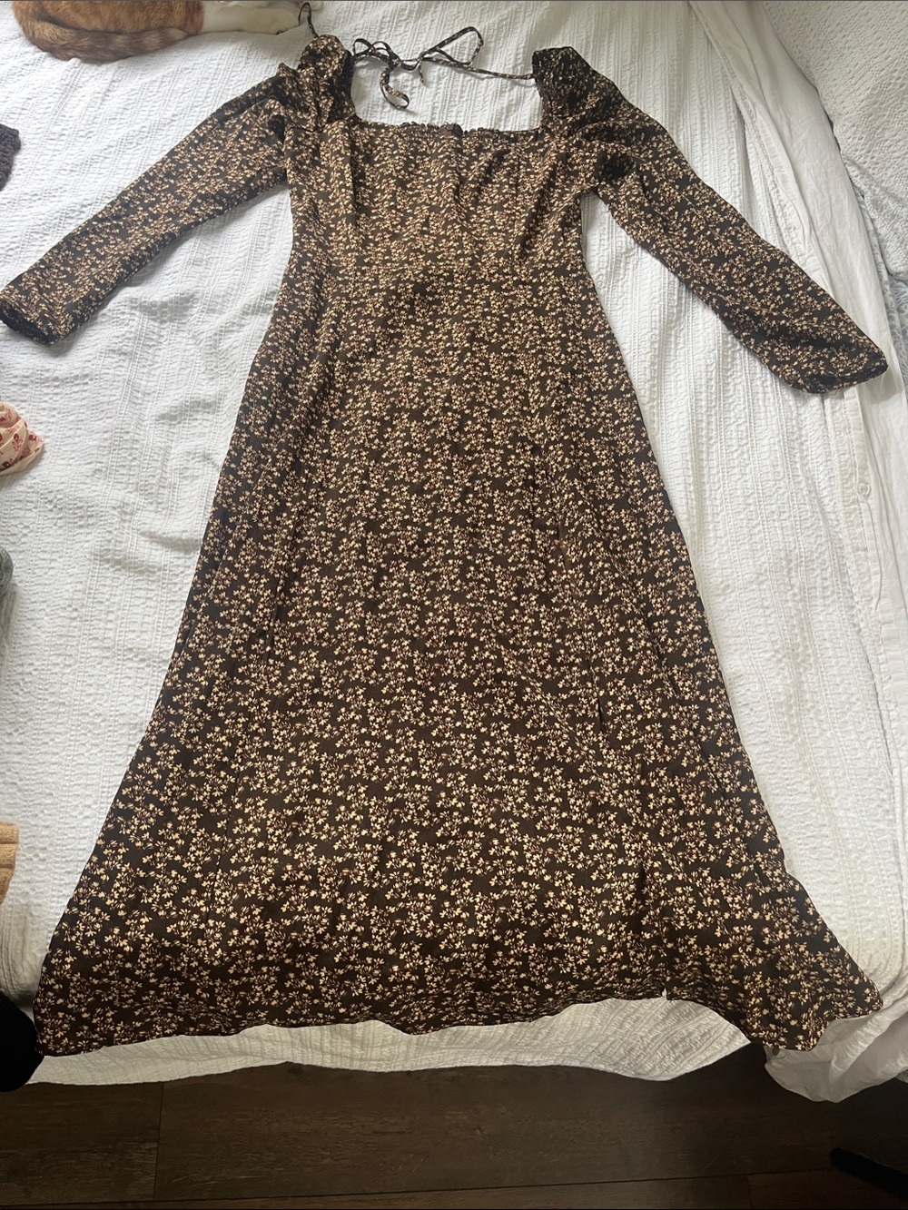 Brown Floral Square-Neck Maxi Dress with Long Sleeves with front left thigh slit